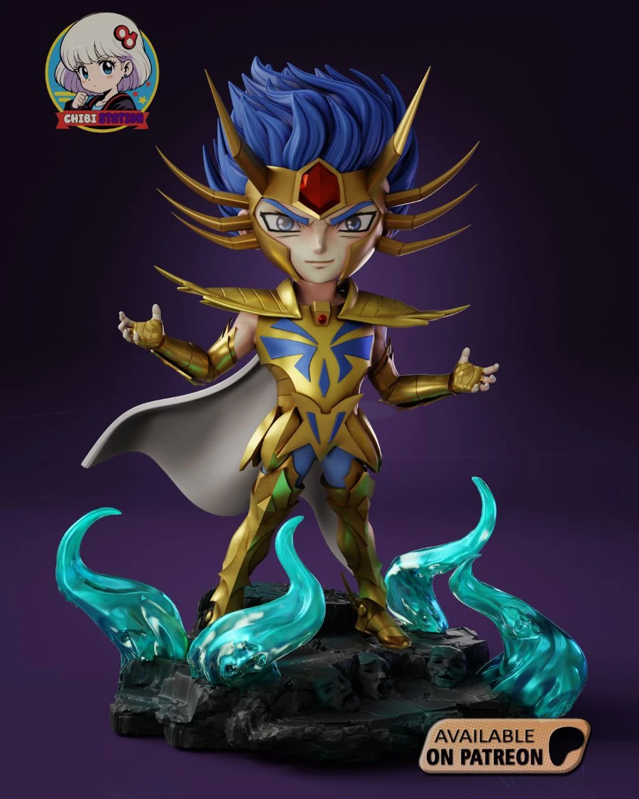 Chibi Mask of Death from Saint Seiya in gold armor with blue hair