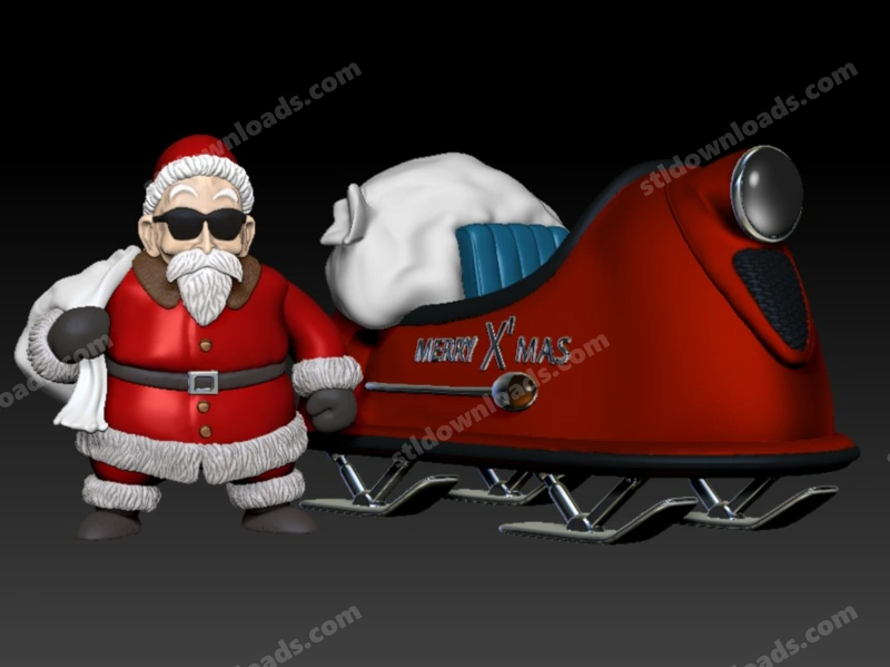Santa-styled Master Roshi beside a red festive hover-sled 3D model