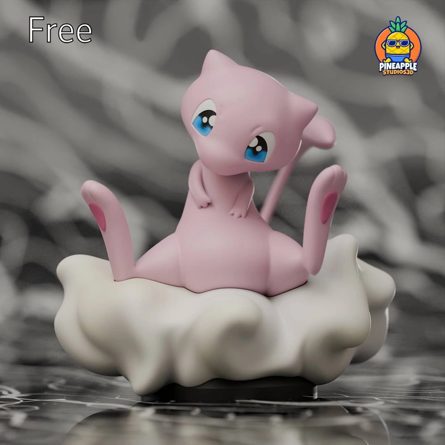 Pink Mew Pokémon figure seated on a white cloud display base