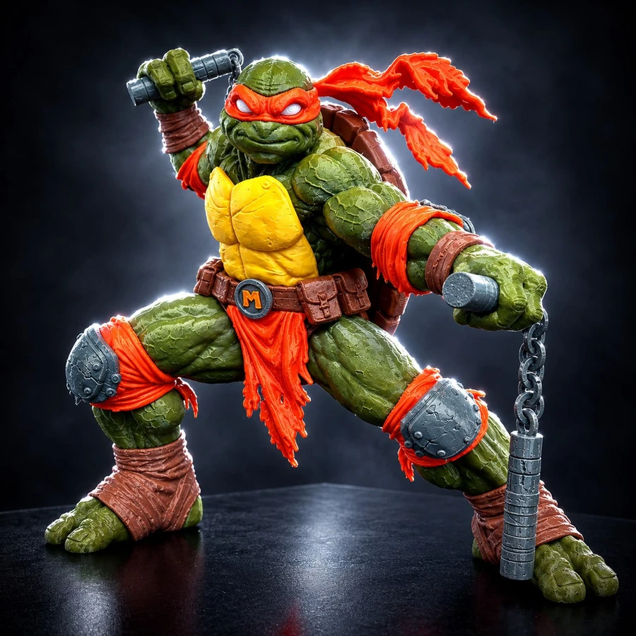 Michelangelo TMNT 3D model with red mask, shell and nunchaku