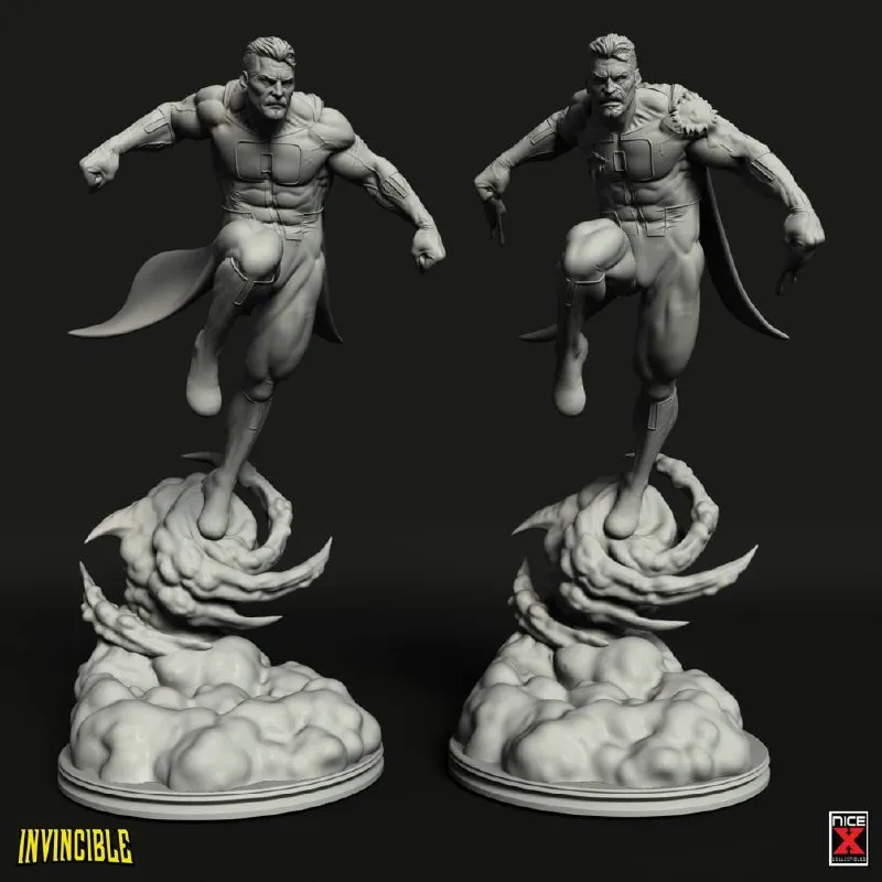 Omni-Man from Invincible in a flying pose on a sculpted cloud base