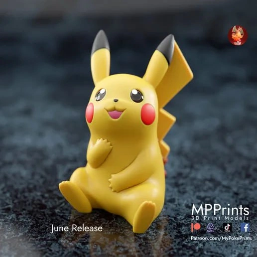 Seated Pikachu Pokémon 3D model with red cheeks and lightning-shaped tail