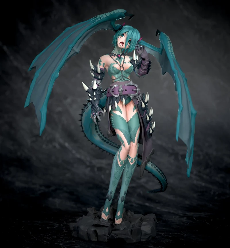 Dragon Miku Vocaloid figure with teal hair, wings, spikes, and a dragon tail