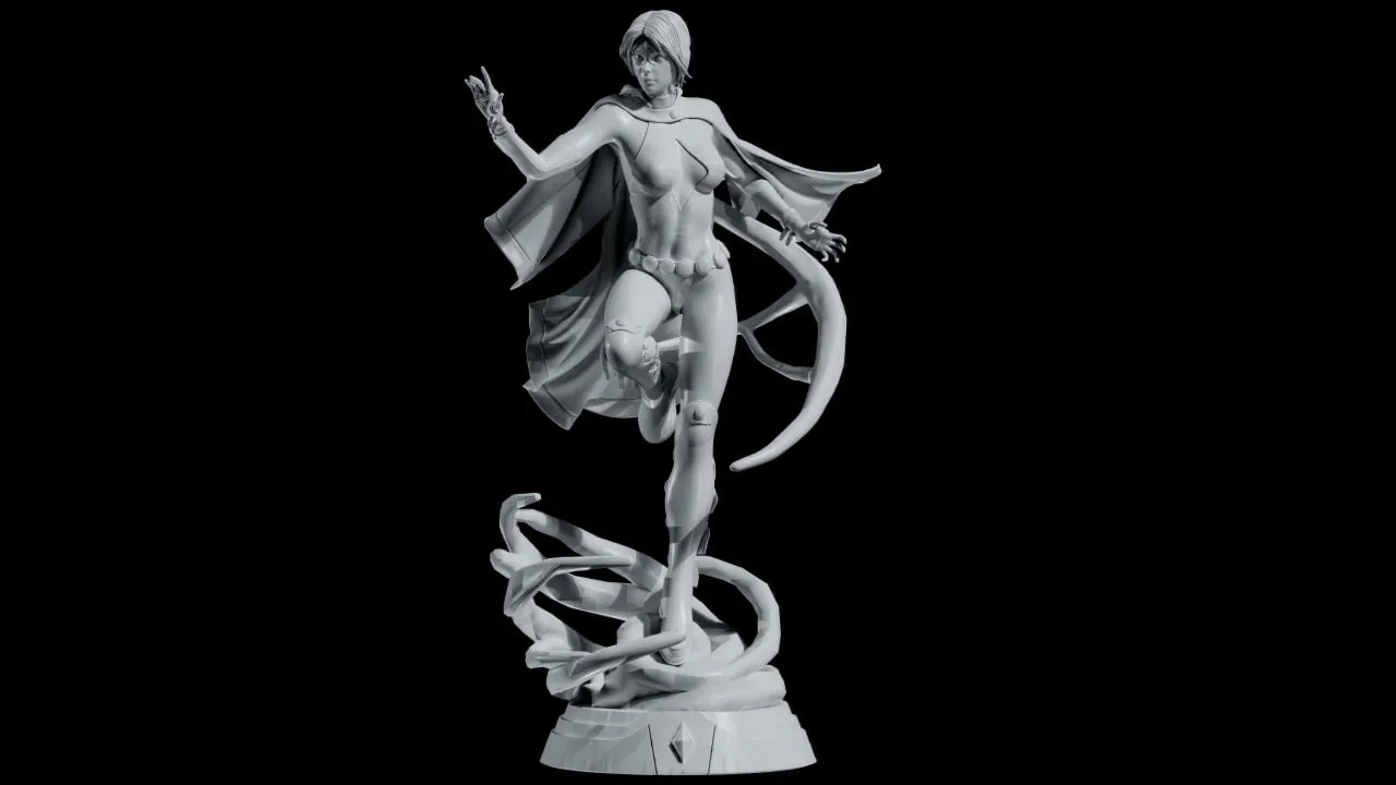 Raven from DC Comics in a dynamic pose on a sculpted display base