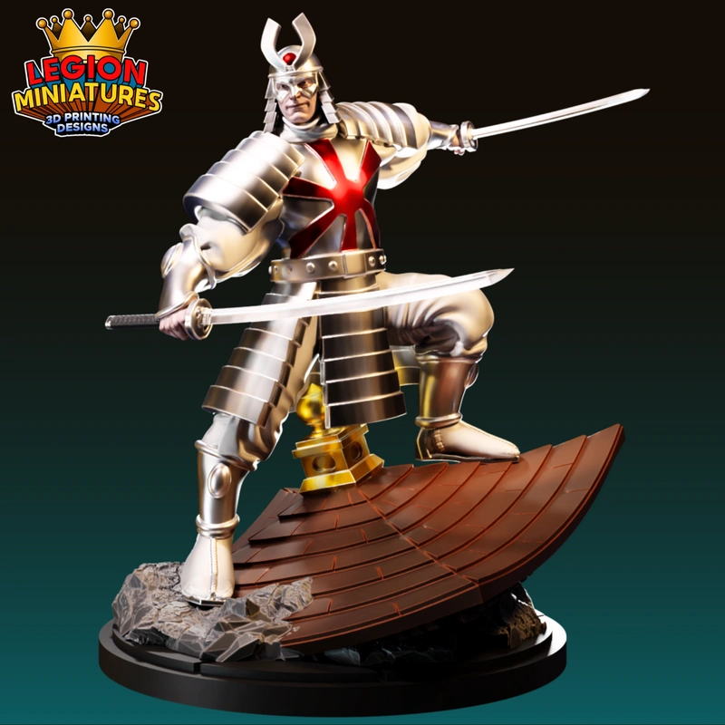 Silver Samurai Marvel figure in armor with twin swords on a curved display base