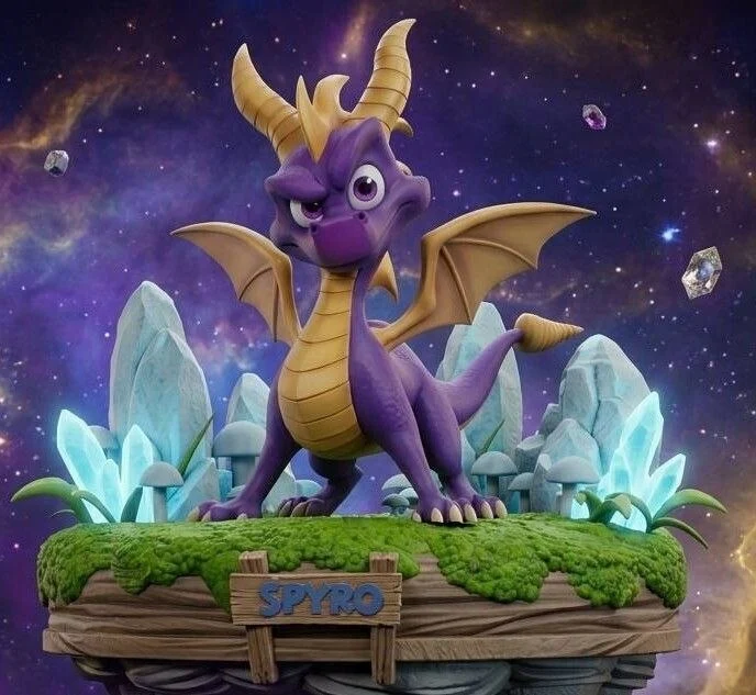 Spyro the Dragon diorama with crystals, mushrooms, wings, and a SPYRO sign