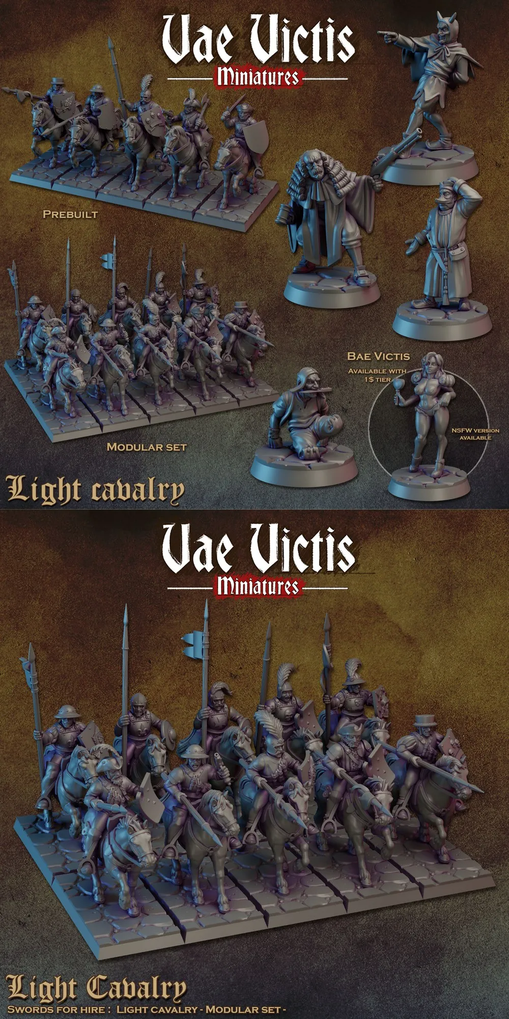 Vae Victis fantasy light cavalry miniatures with horses, spears, shields, and swords
