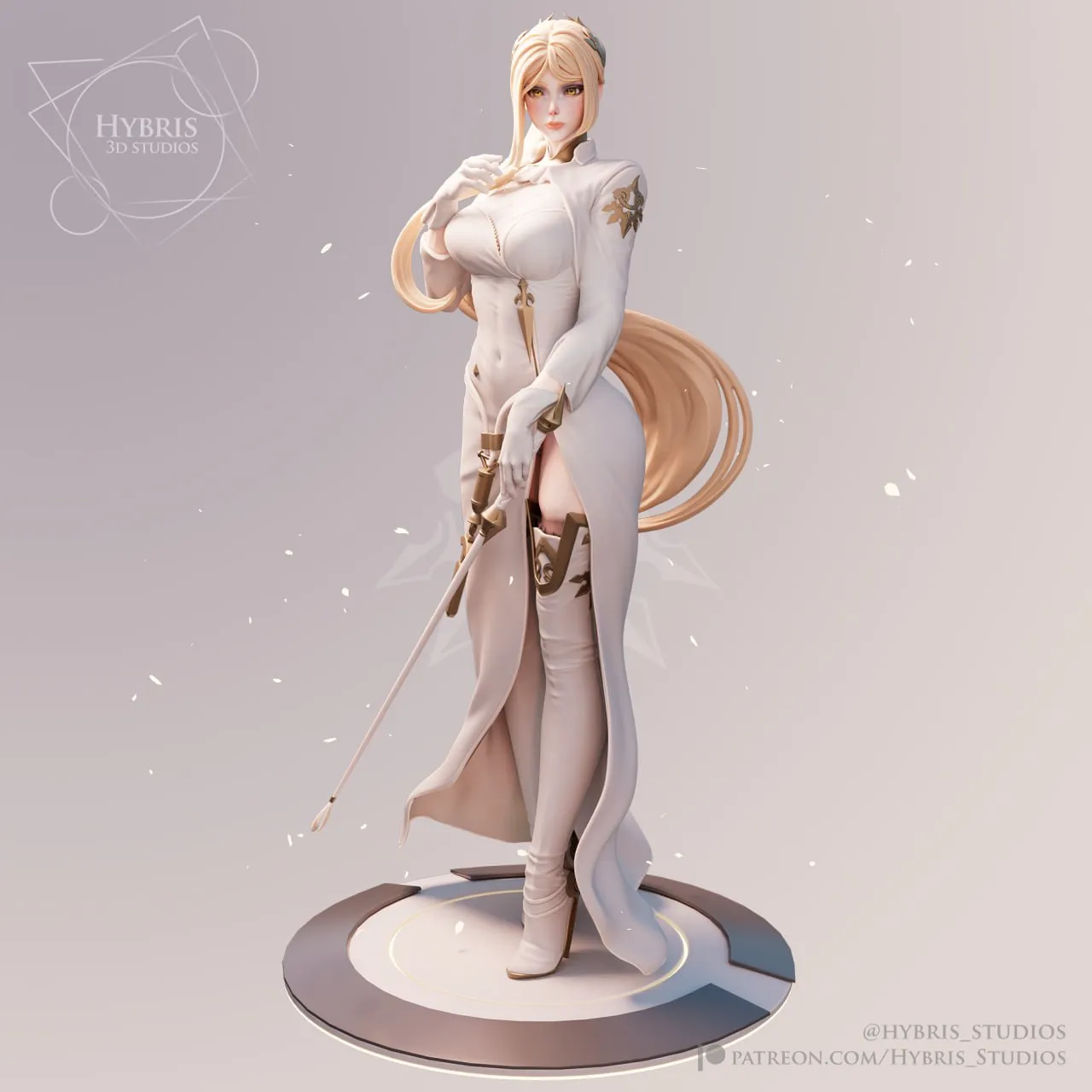 Stylized original female character figure in white attire holding a sword on a round display base