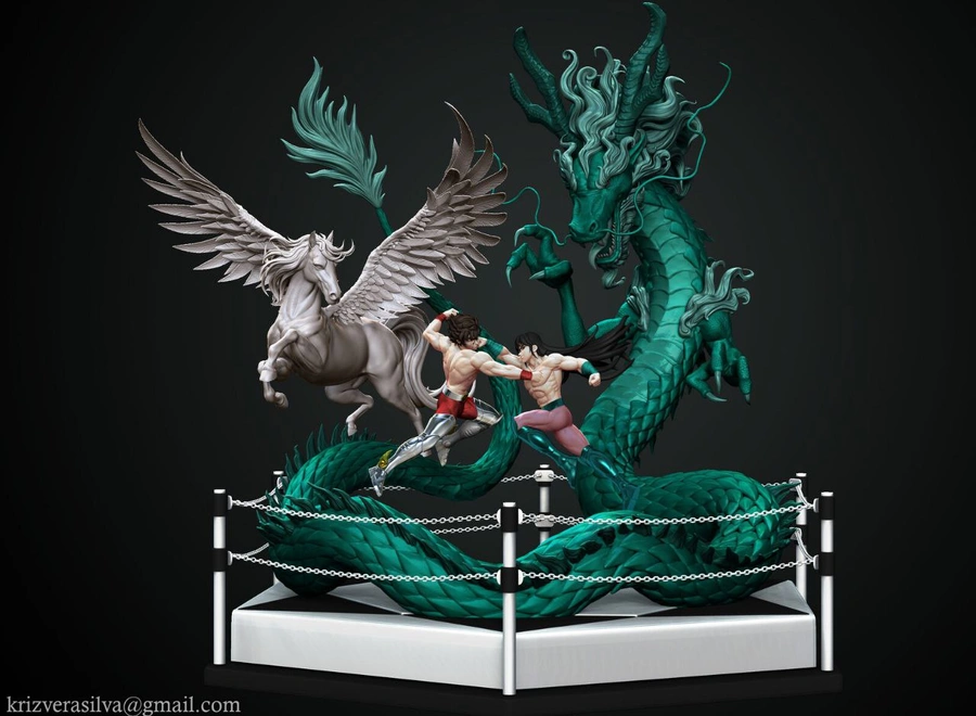 Original fantasy diorama with a winged horse, dragon, two fighters, and display base