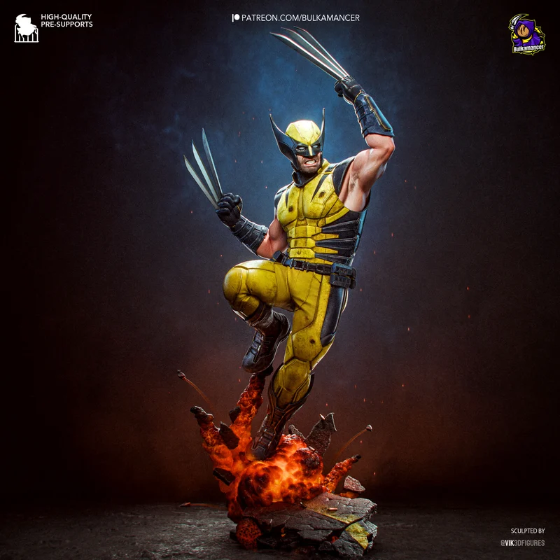 Wolverine fan-art statue in a yellow-and-blue suit with raised claws